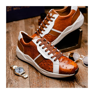 Marco Di Milano Lyon II Men's Shoes Brandy & White Calf-Skin / Ostrich Leg Casual Sneakers (MDM1068)