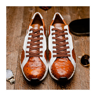 Marco Di Milano Lyon II Men's Shoes Brandy & White Calf-Skin / Ostrich Leg Casual Sneakers (MDM1068)