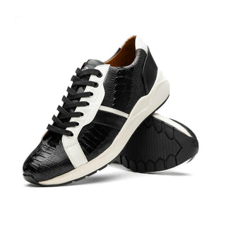 Marco Di Milano Lyon Men's Shoes Black & White Calf-Skin / Ostrich Casual Sneakers (MDM1072)