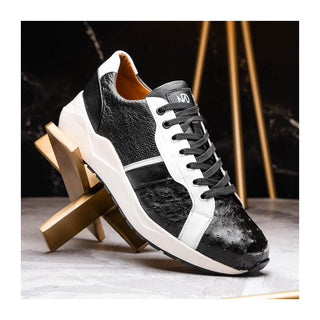 Marco Di Milano Lyon Men's Shoes Black & White Calf-Skin / Ostrich Casual Sneakers (MDM1072)
