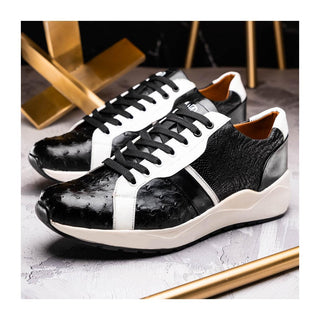 Marco Di Milano Lyon Men's Shoes Black & White Calf-Skin / Ostrich Casual Sneakers (MDM1072)