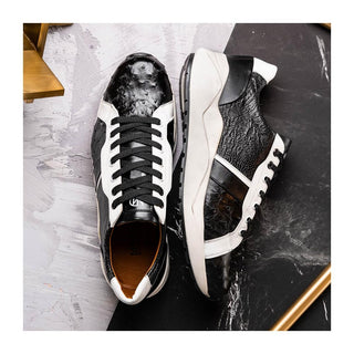 Marco Di Milano Lyon Men's Shoes Black & White Calf-Skin / Ostrich Casual Sneakers (MDM1072)