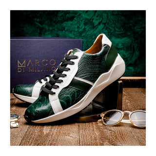 Marco Di Milano Lyon Men's Shoes Green & White Calf-Skin / Ostrich Casual Sneakers (MDM1072)