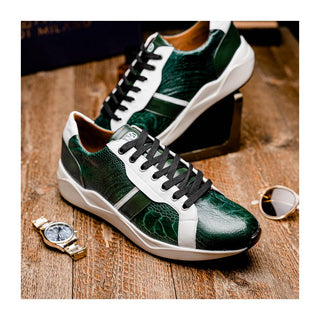 Marco Di Milano Lyon Men's Shoes Green & White Calf-Skin / Ostrich Casual Sneakers (MDM1072)