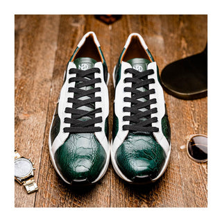 Marco Di Milano Lyon Men's Shoes Green & White Calf-Skin / Ostrich Casual Sneakers (MDM1072)
