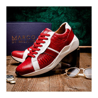 Marco Di Milano Lyon Men's Shoes Red & White Calf-Skin / Ostrich Casual Sneakers (MDM1072)