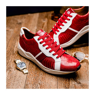Marco Di Milano Lyon Men's Shoes Red & White Calf-Skin / Ostrich Casual Sneakers (MDM1072)