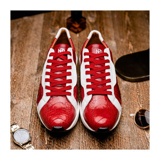 Marco Di Milano Lyon Men's Shoes Red & White Calf-Skin / Ostrich Casual Sneakers (MDM1072)