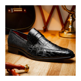 Marco Di Milano Matteo Men's Shoes Black Genuine Alligator Penny Loafers (MDM1182)