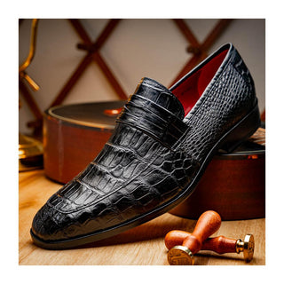 Marco Di Milano Matteo Men's Shoes Black Genuine Alligator Penny Loafers (MDM1182)