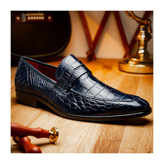 Marco Di Milano Matteo Men's Shoes Navy Genuine Alligator Penny Loafers (MDM1182)