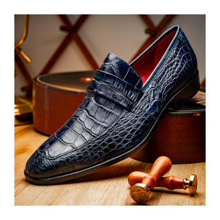 Marco Di Milano Matteo Men's Shoes Navy Genuine Alligator Penny Loafers (MDM1182)