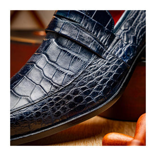 Marco Di Milano Matteo Men's Shoes Navy Genuine Alligator Penny Loafers (MDM1182)