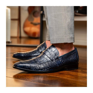 Marco Di Milano Matteo Men's Shoes Navy Genuine Alligator Penny Loafers (MDM1182)