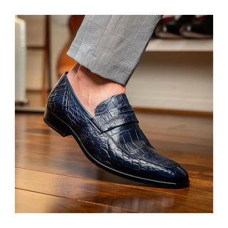 Marco Di Milano Matteo Men's Shoes Navy Genuine Alligator Penny Loafers (MDM1182)