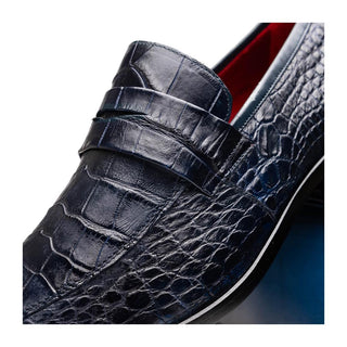 Marco Di Milano Matteo Men's Shoes Navy Genuine Alligator Penny Loafers (MDM1182)