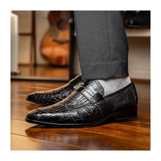 Marco Di Milano Matteo Men's Shoes Black Genuine Alligator Penny Loafers (MDM1182)