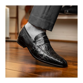 Marco Di Milano Matteo Men's Shoes Black Genuine Alligator Penny Loafers (MDM1182)