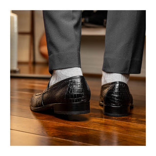 Marco Di Milano Matteo Men's Shoes Black Genuine Alligator Penny Loafers (MDM1182)