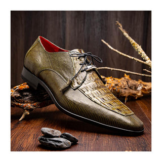 Marco Di Milano Merida Men's Shoes Olive Lizard & Caiman Crocodile Derby (MDM1132)