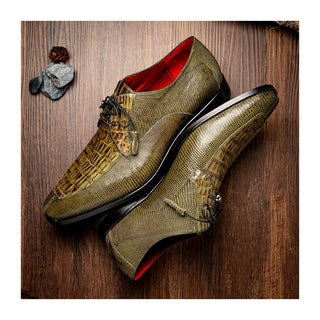 Marco Di Milano Merida Men's Shoes Olive Lizard & Caiman Crocodile Derby (MDM1132)
