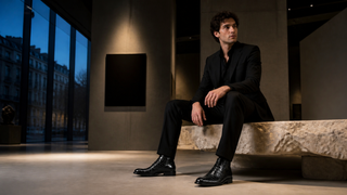 Man seated in a contemporary Milan gallery wearing black Mezlan Riccardo crocodile lace-up boots