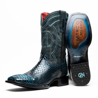 Marco Di Milano Missouri Men's Shoes Black & Blue Genuine Python / Calf-Skin Leather Cowboy Boot (MDM1212)