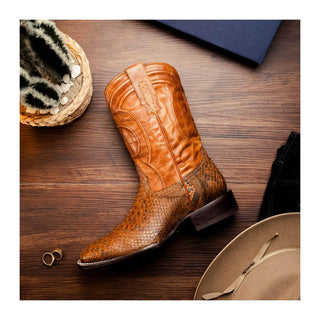 Marco Di Milano Missouri Men's Shoes Cognac Exotic Python Skin Cowboy Boot (MDM1243)