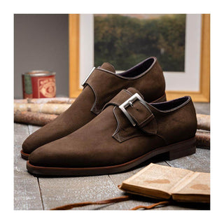 Zelli Italia Hebilla Men's Shoes Dark Brown Calf-Skin Suede Single Monk-Strap (ZEL1076)