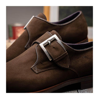 Zelli Italia Hebilla Men's Shoes Dark Brown Calf-Skin Suede Single Monk-Strap (ZEL1076)