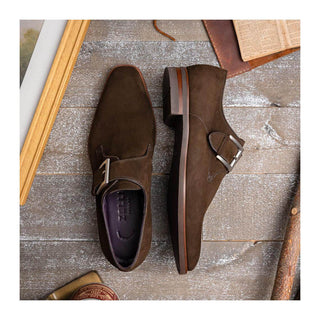 Zelli Italia Hebilla Men's Shoes Dark Brown Calf-Skin Suede Single Monk-Strap (ZEL1076)