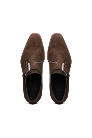 Zelli Italia dark brown suede single monk-strap shoes with silver buckle and square toe, made in Italy.