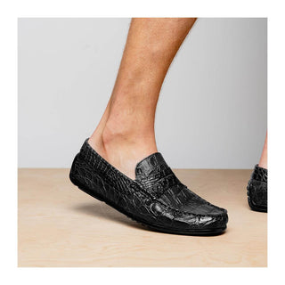 Zelli Italia Monza Men's Shoes Black Crocodile Skin Driver (ZEL1043)