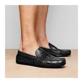 Zelli Italia Monza Men's Shoes Black Crocodile Skin Driver (ZEL1043)