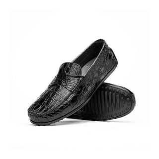 Zelli Italia Monza Men's Shoes Black Crocodile Skin Driver (ZEL1043)
