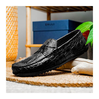 Zelli Italia Monza Men's Shoes Black Crocodile Skin Driver (ZEL1043)