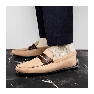 Zelli Italia Monza Men's Shoes Bone & Chestnut Calf-Skin Suede Driver (ZEL1045)