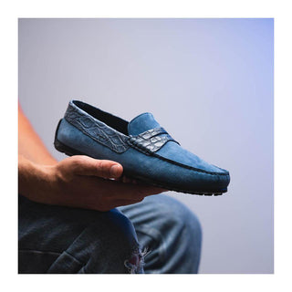 Zelli Italia Monza Men's Shoes Denim Calf-Skin Suede & Crocodile Skin Driver (ZEL1044)