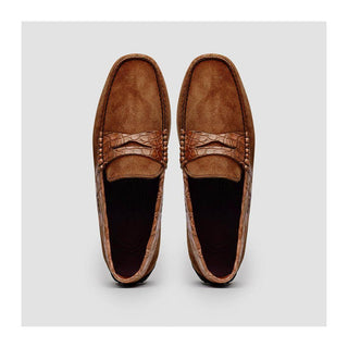 Zelli Italia Monza Men's Shoes Cognac Calf-Skin Suede & Crocodile Skin Driver (ZEL1044)
