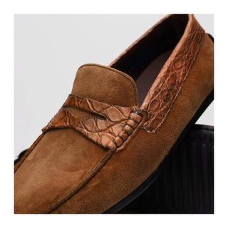Zelli Italia Monza Men's Shoes Cognac Calf-Skin Suede & Crocodile Skin Driver (ZEL1044)