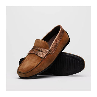 Zelli Italia Monza Men's Shoes Cognac Calf-Skin Suede & Crocodile Skin Driver (ZEL1044)