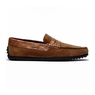 Zelli Italia Monza Men's Shoes Cognac Calf-Skin Suede & Crocodile Skin Driver (ZEL1044)