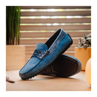Zelli Italia Monza Men's Shoes Denim Calf-Skin Suede & Crocodile Skin Driver (ZEL1044)