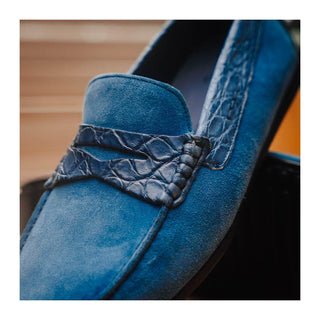 Zelli Italia Monza Men's Shoes Denim Calf-Skin Suede & Crocodile Skin Driver (ZEL1044)