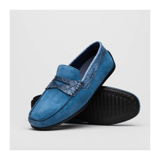 Zelli Italia Monza Men's Shoes Denim Calf-Skin Suede & Crocodile Skin Driver (ZEL1044)