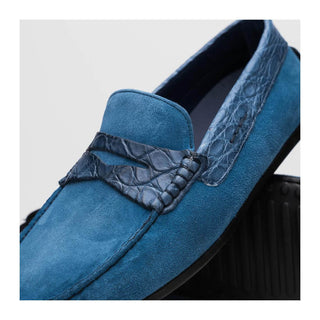 Zelli Italia Monza Men's Shoes Denim Calf-Skin Suede & Crocodile Skin Driver (ZEL1044)