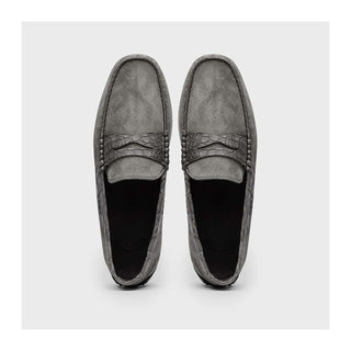 Zelli Italia Monza Men's Shoes Gray Calf-Skin Suede & Crocodile Skin Driver (ZEL1044)