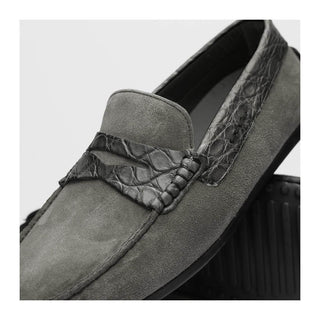 Zelli Italia Monza Men's Shoes Gray Calf-Skin Suede & Crocodile Skin Driver (ZEL1044)