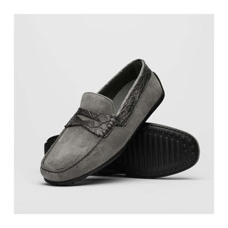 Zelli Italia Monza Men's Shoes Gray Calf-Skin Suede & Crocodile Skin Driver (ZEL1044)