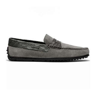 Zelli Italia Monza Men's Shoes Gray Calf-Skin Suede & Crocodile Skin Driver (ZEL1044)
